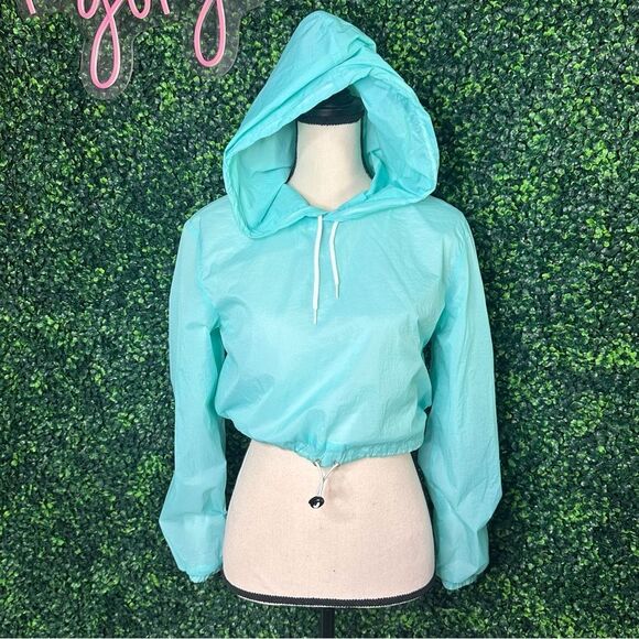 American Apparel Cropped Turquoise Aruba Blue Hoodie Sweatshirt Top Sz Small - Picture 1 of 9